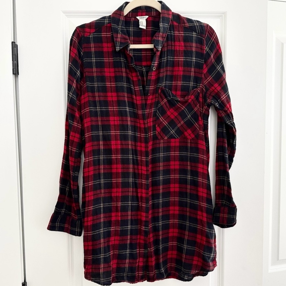 Fall Red & Navy Plaid Flannel Tunic Top Long Sleeve Button Down Shirt